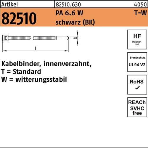 Kabelbinder, innen gezahnt, T = Standard, W = witterungsbeständig. Artikelnummer 82510. HF, UL94 V2, RoHS, REACh SVHC frei.