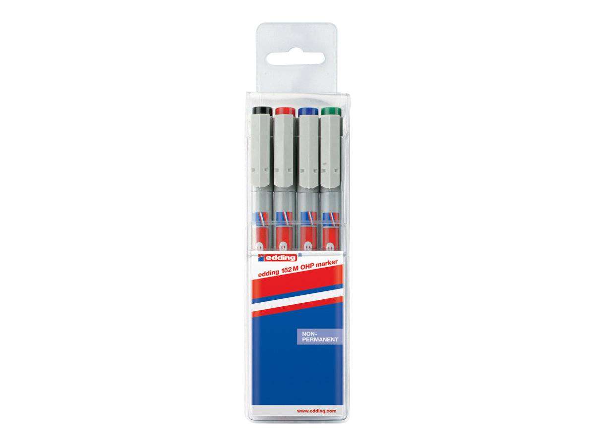 EDDING 152 - Marker - nicht dauerhaft - für Overhead-Projektor-Folien - Schwarz, Rot, Blau, Grün - wasserbasierte Tinte - 1 mm (Packung mit 4)