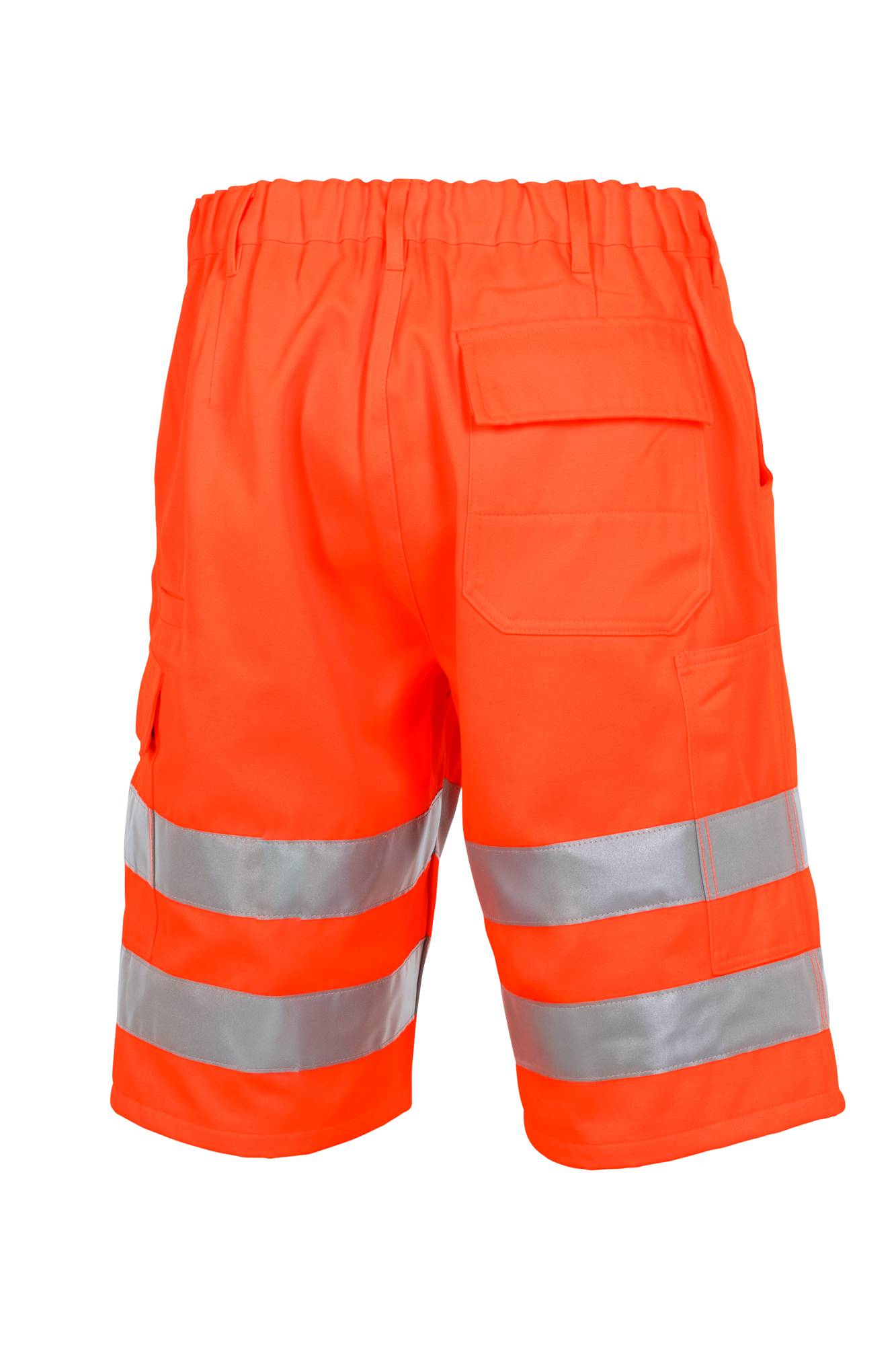 Leuchtend orange Arbeitsshorts mit hoher Sichtbarkeit, silbernen Reflexionsstreifen und einer hinteren Tasche, auf weißem Hintergrund dargestellt.