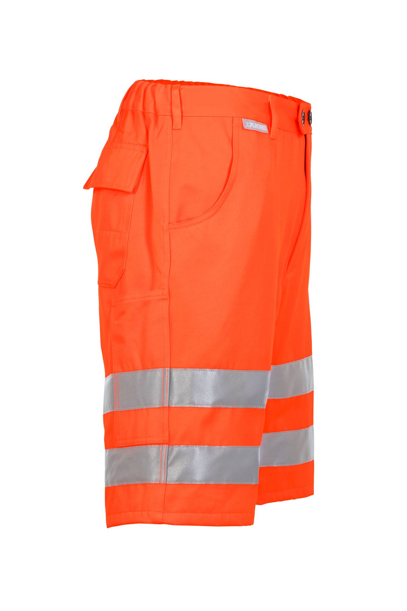 Leuchtend orange Arbeitskurze mit reflektierenden grauen Streifen auf weißem Untergrund.