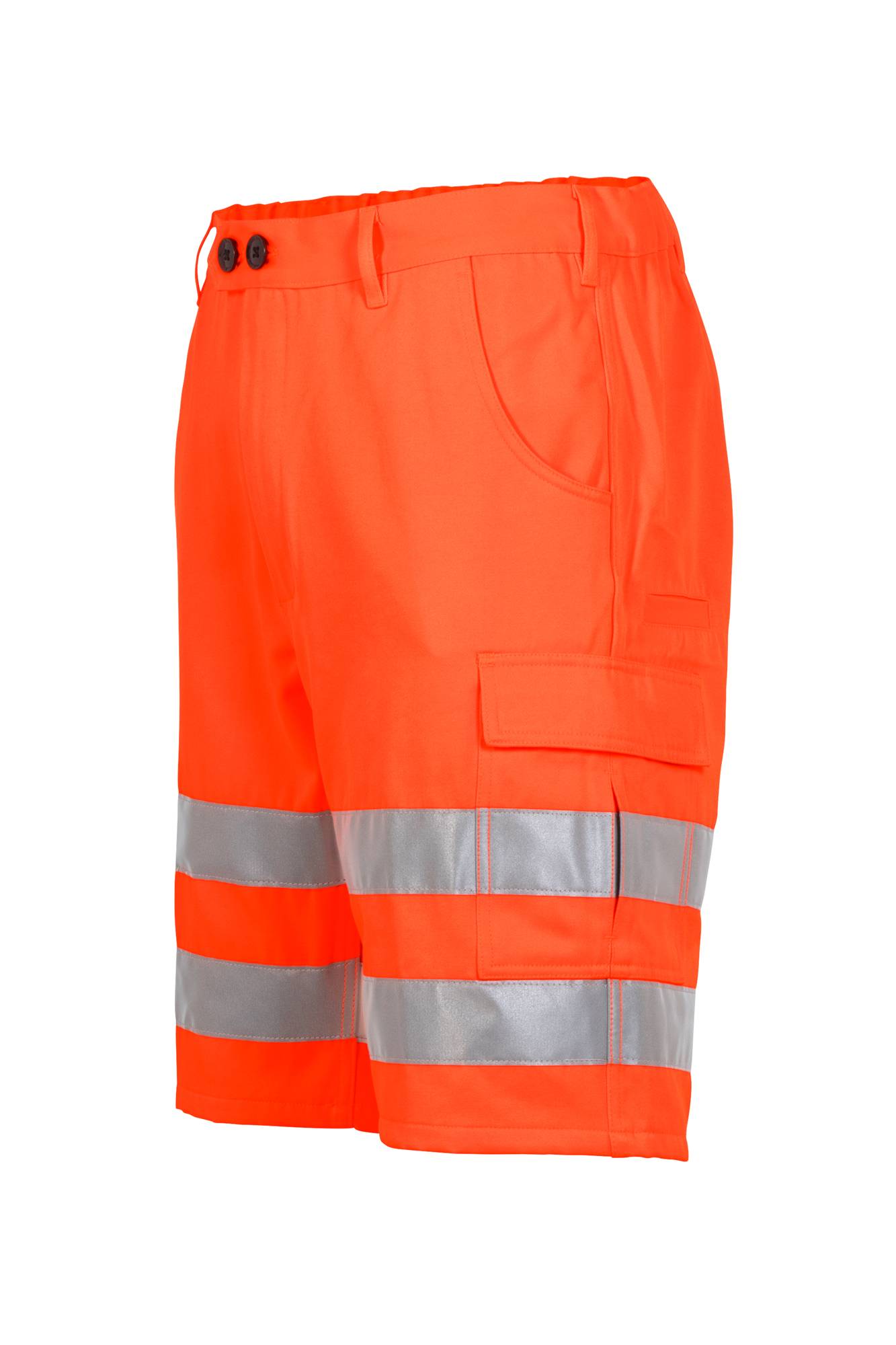 Orange Warnarbeitshorts mit reflektierenden silbernen Bändern und Seitentaschen, gezeigt auf weißem Hintergrund.