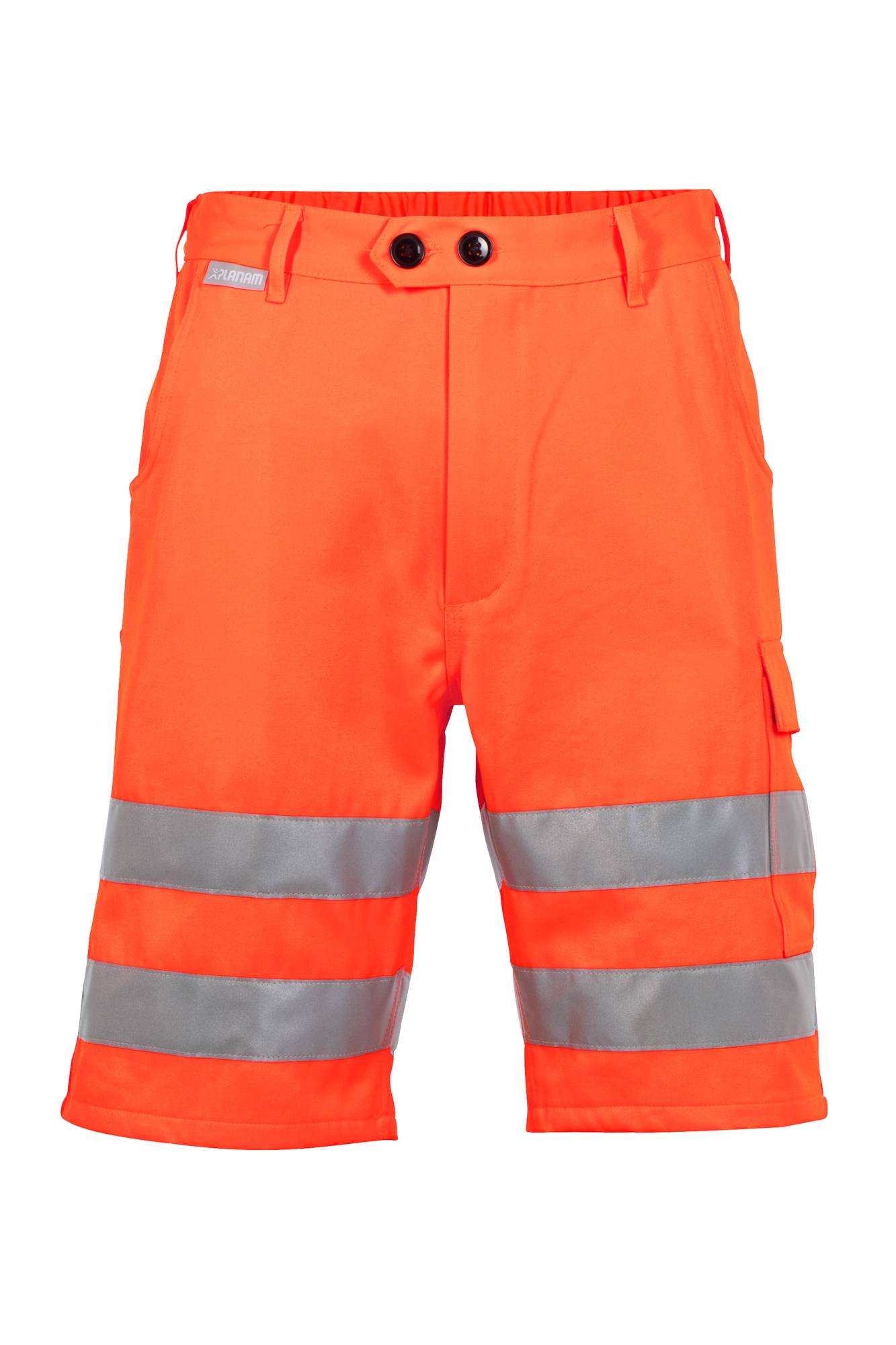 Leuchtend orange Arbeitsshorts mit hoher Sichtbarkeit, reflektierenden silbernen Streifen und Seitentaschen, freigestellt auf weißem Hintergrund.