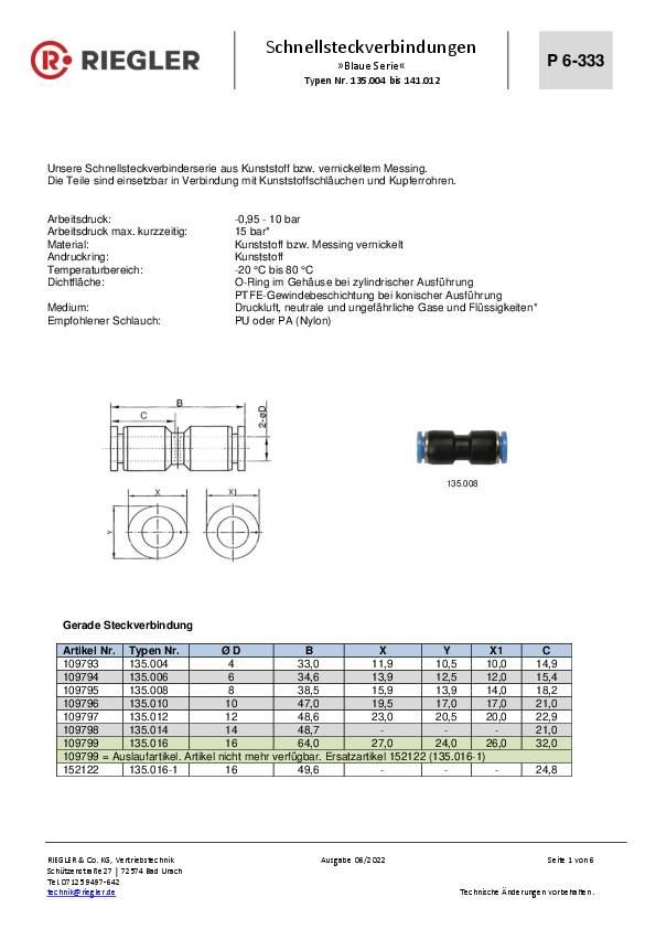 Gerade Steckverbindung 6/4mm L1 31,0mm RIEGLER