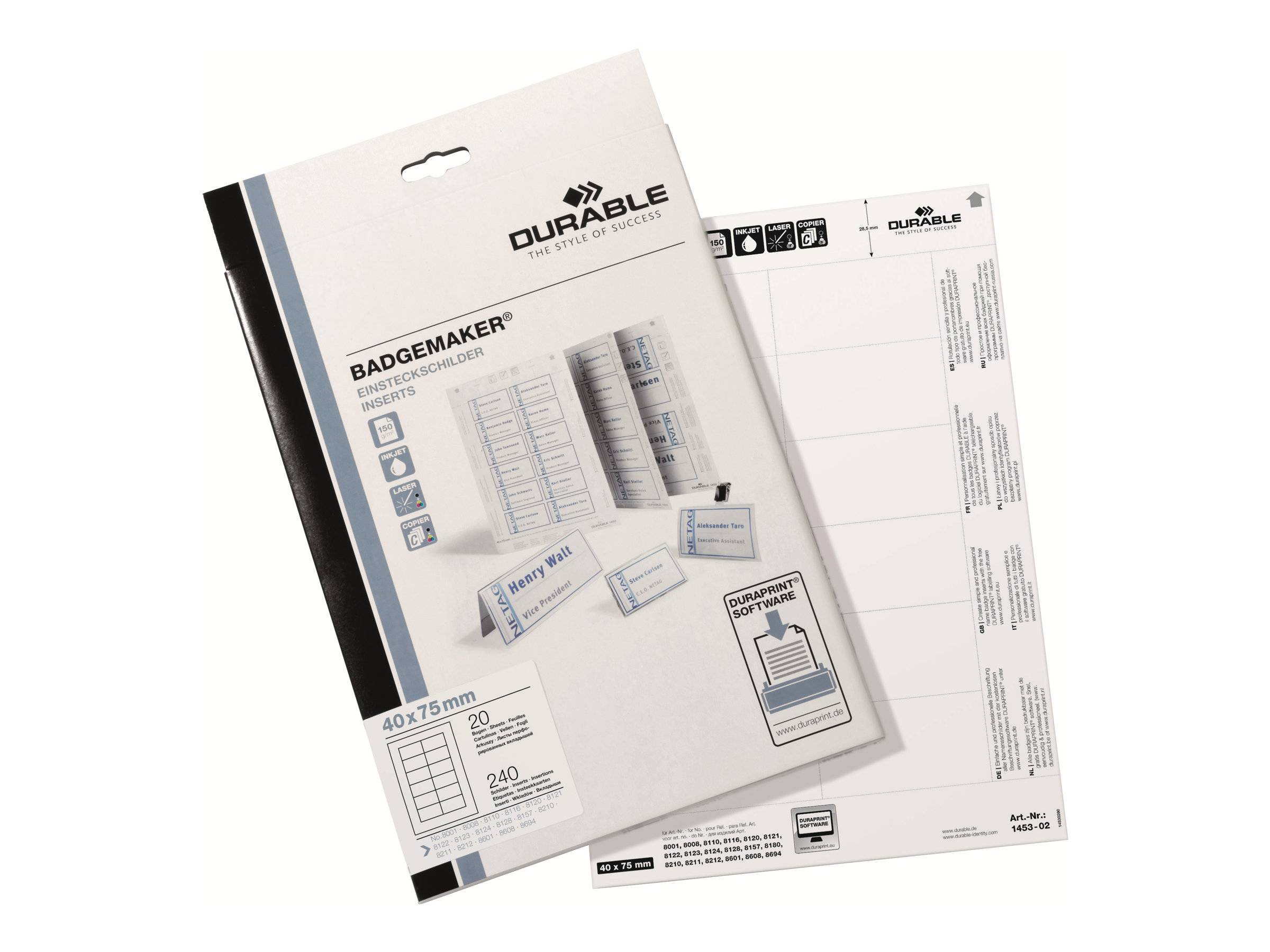 DURABLE - Weiß - 40 x 75 mm - 150 g/m² - 240 Karte(n) (20 Bogen x 12)