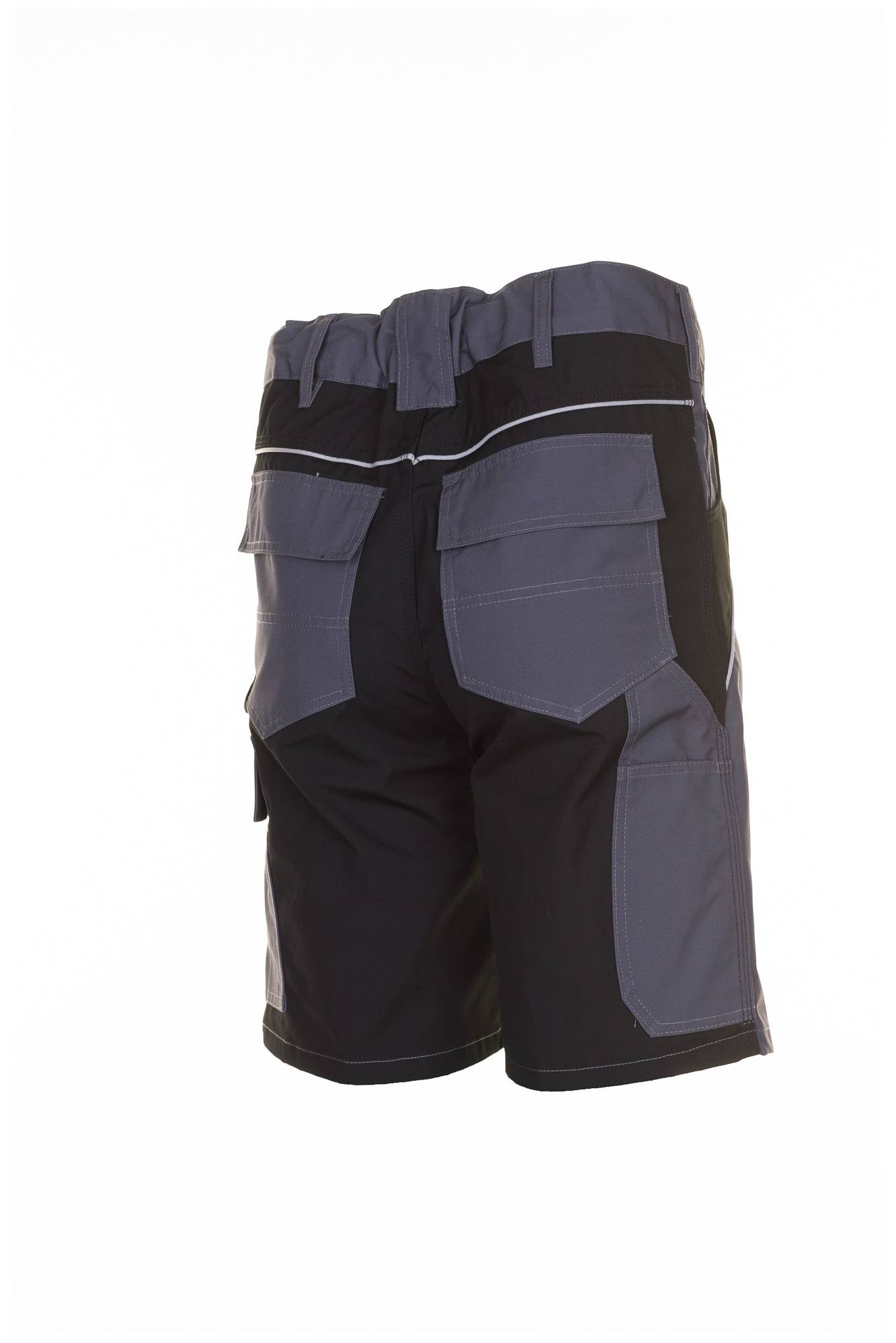 Schwarze und graue Cargo-Arbeitsshorts mit mehreren Taschen, auf weißem Hintergrund gezeigt.