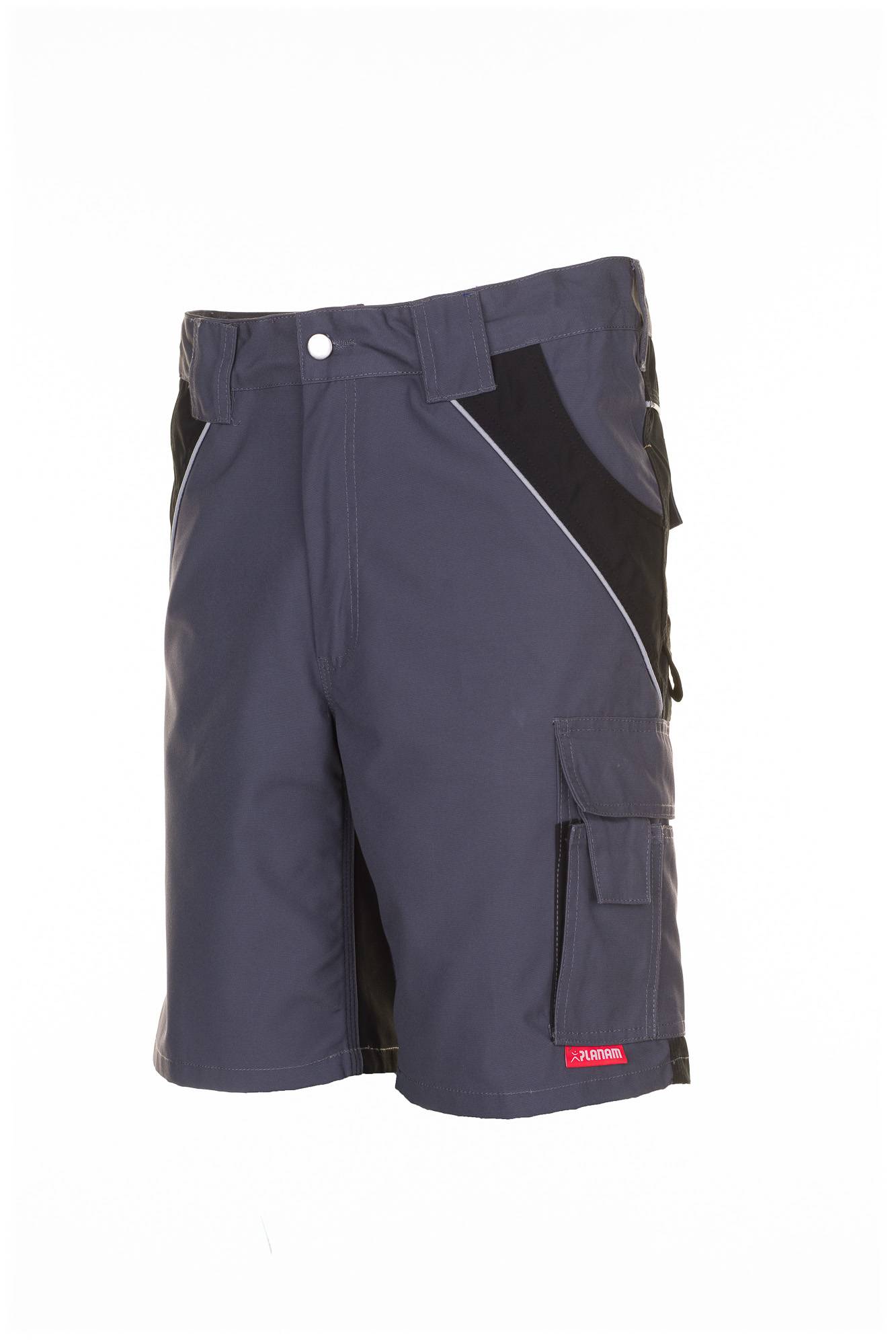 Dunkelgraue Cargo-Shorts mit schwarzen Seitenpaneelen, Seitentasche und rotem Markenlogo, gezeigt auf weißem Hintergrund.