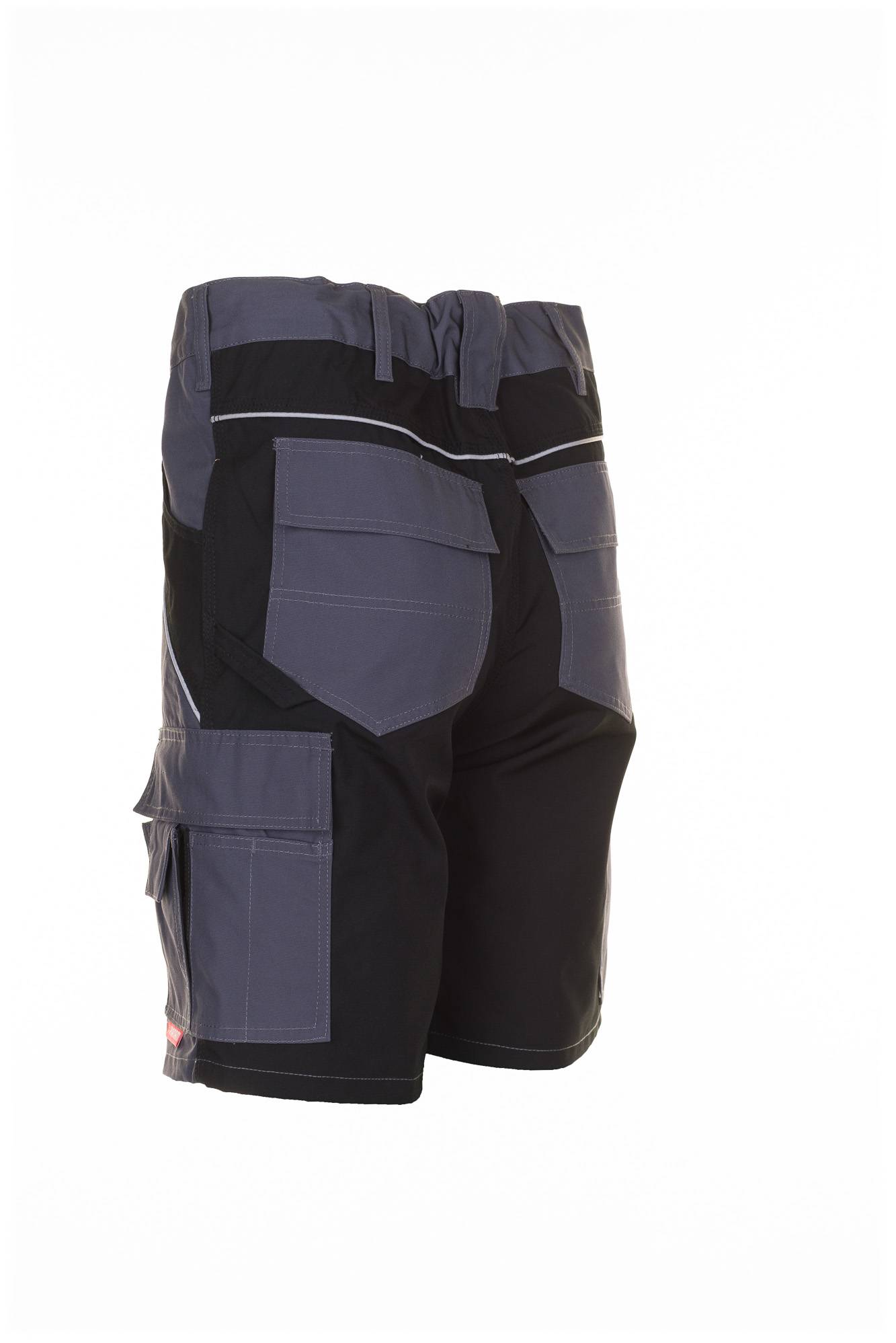 Graue und schwarze Cargo-Arbeitshorts mit mehreren Taschen, gezeigt auf weißem Hintergrund.