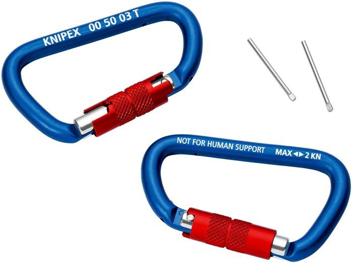 Zwei blaue Karabiner mit roten Verschlussmechanismen und dem Text 'Knipex 00 50 03 T' und 'Nicht zur Personenunterstützung Max <20 kg', plus zwei Metallstifte.