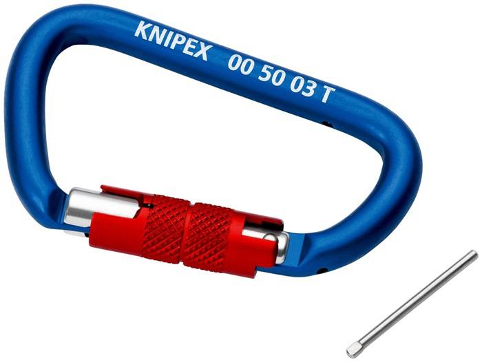 Ein blauer Knipex-Karabinerhaken mit rotem Schraubverschluss wird vor einem weißen Hintergrund gezeigt.