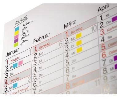 Nahaufnahme eines deutschen Wandkalenders, auf dem Januar, Februar, März und April mit Daten und farblich gekennzeichneten Markierungen zu sehen sind.