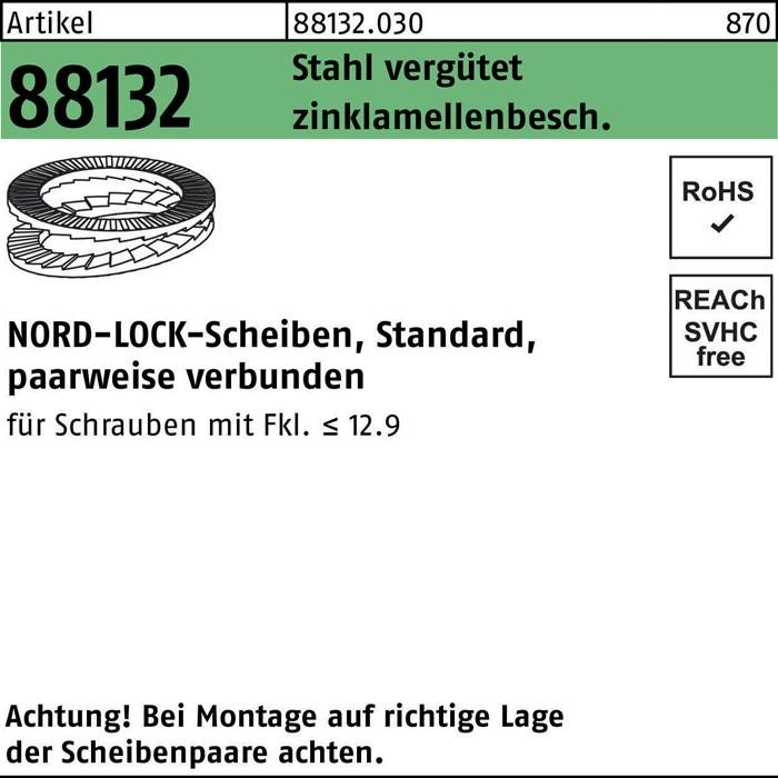 88132 88132.030 SVHC' Produktetikett; Zinklamellenbeschichtung, Schrauben mit Festigkeitsklasse ≤ 12.9, Eigenschaften: RoHS geprüft, REACH-konform.