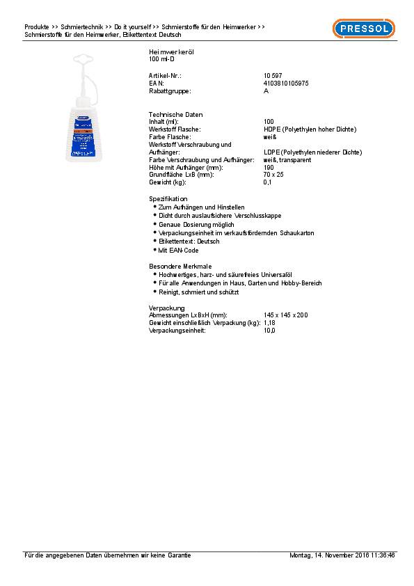 Heimwerkeröl 100 ml Spritzkännchen PRESSOL