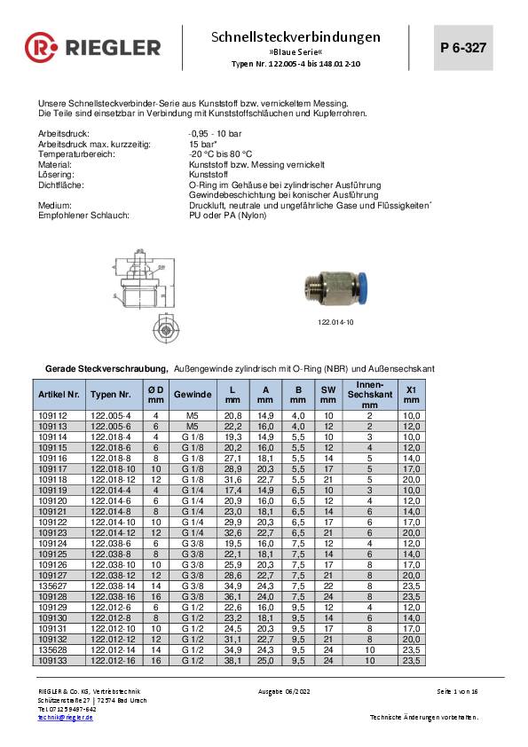 L-Steckverschraubung Bl.Ser.AG G 1/8 Zoll SW 10mm m.O-Ring,drehb.zyl.6mm RIEGLER