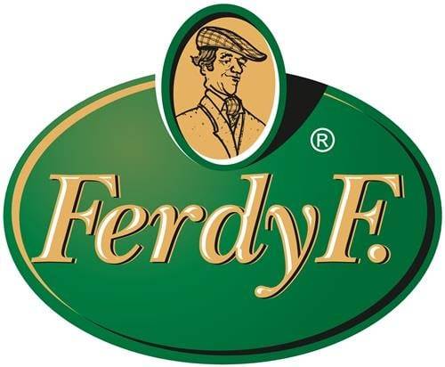 Das Bild zeigt ein grün-goldenes Logo mit dem Text 'Ferdy F.' und einer Illustration eines Mannes in Vintage-Kleidung mit einer Kappe.