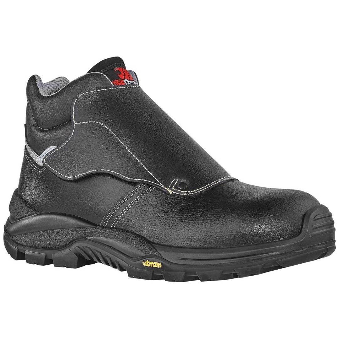 Schwarzer Ledersicherheitsarbeitsstiefel mit rutschfester robuster Sohle und gepolsterter Knöchelmanschette, in Seitenansicht auf weißem Hintergrund dargestellt.