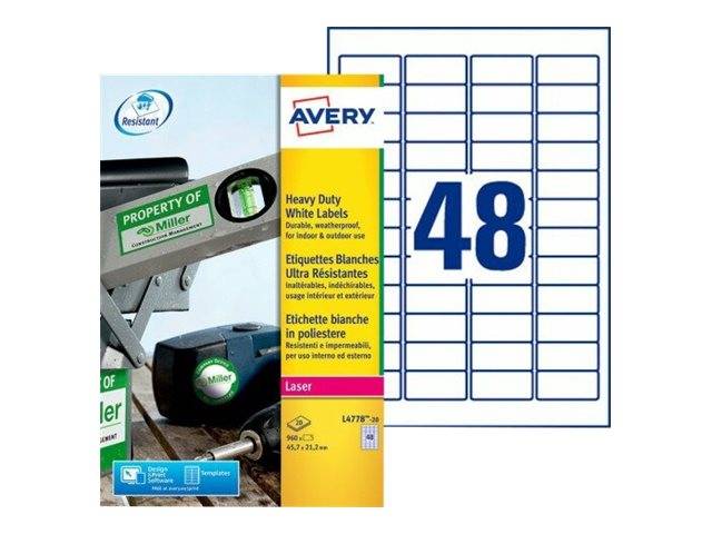 AVERY ZWECKFORM - Avery Heavy Duty Laser Labels - Polyester - weiß - 45.7 x 21.2 mm 960 Etikett(en) (20 Bogen x 48)