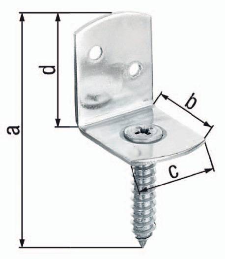 Eine Metallwinkelbefestigung mit einer Schraube, dargestellt mit Abmessungen, die als a, b, c und d an den Seiten und der Vorderseite beschriftet sind.
