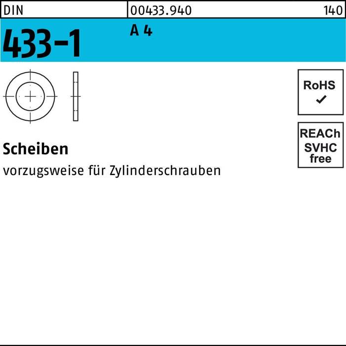 Diagramm einer runden Scheibe mit der Bezeichnung '433-1' mit markierten Abmessungen. Text lautet: 'Scheiben vorzugsweise für Zylinderschrauben'. RoHS- und REACH-Konformität vermerkt.