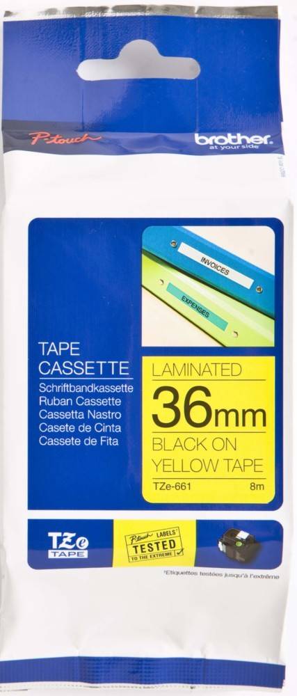 Magnetband-Kassette, 36 mm, schwarzer Text auf gelbem Band, laminiert, 8 m (TZe-661). Etiketten für ‚Rechnungen' und ‚Ausgaben' in Blau und Grün dargestellt.