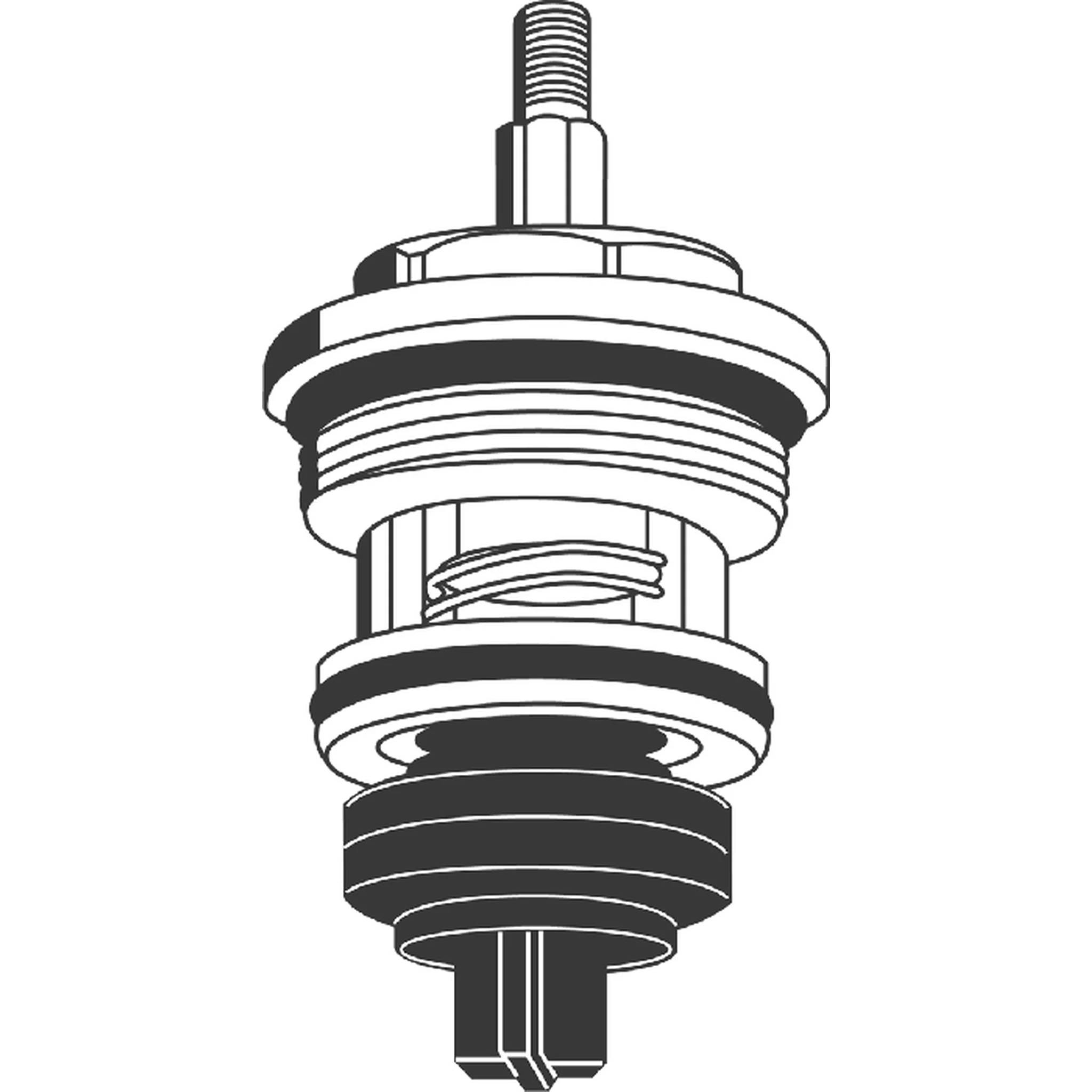 Schwarzweiße technische Illustration einer mechanischen Patrone oder eines Ventilbauteils mit Gewinde oben und geschichteten zylindrischen Teilen.