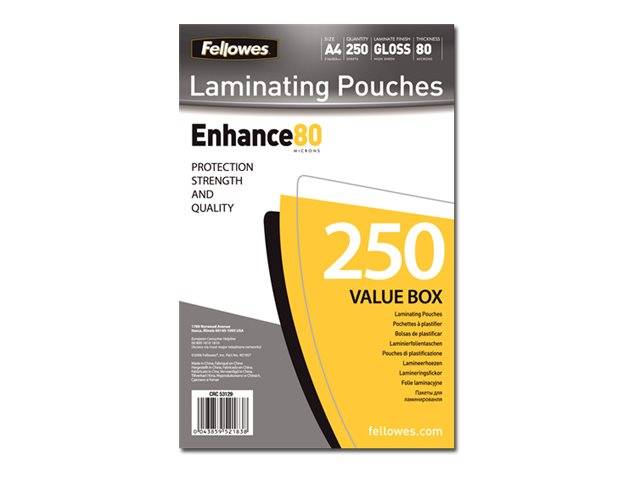Paket Fellowes Enhance 80 Laminierfolien, A4-Format, 250er-Sparpack, 80 Mikron Hochglanz, mit gelbem und grauem Coverdesign.
