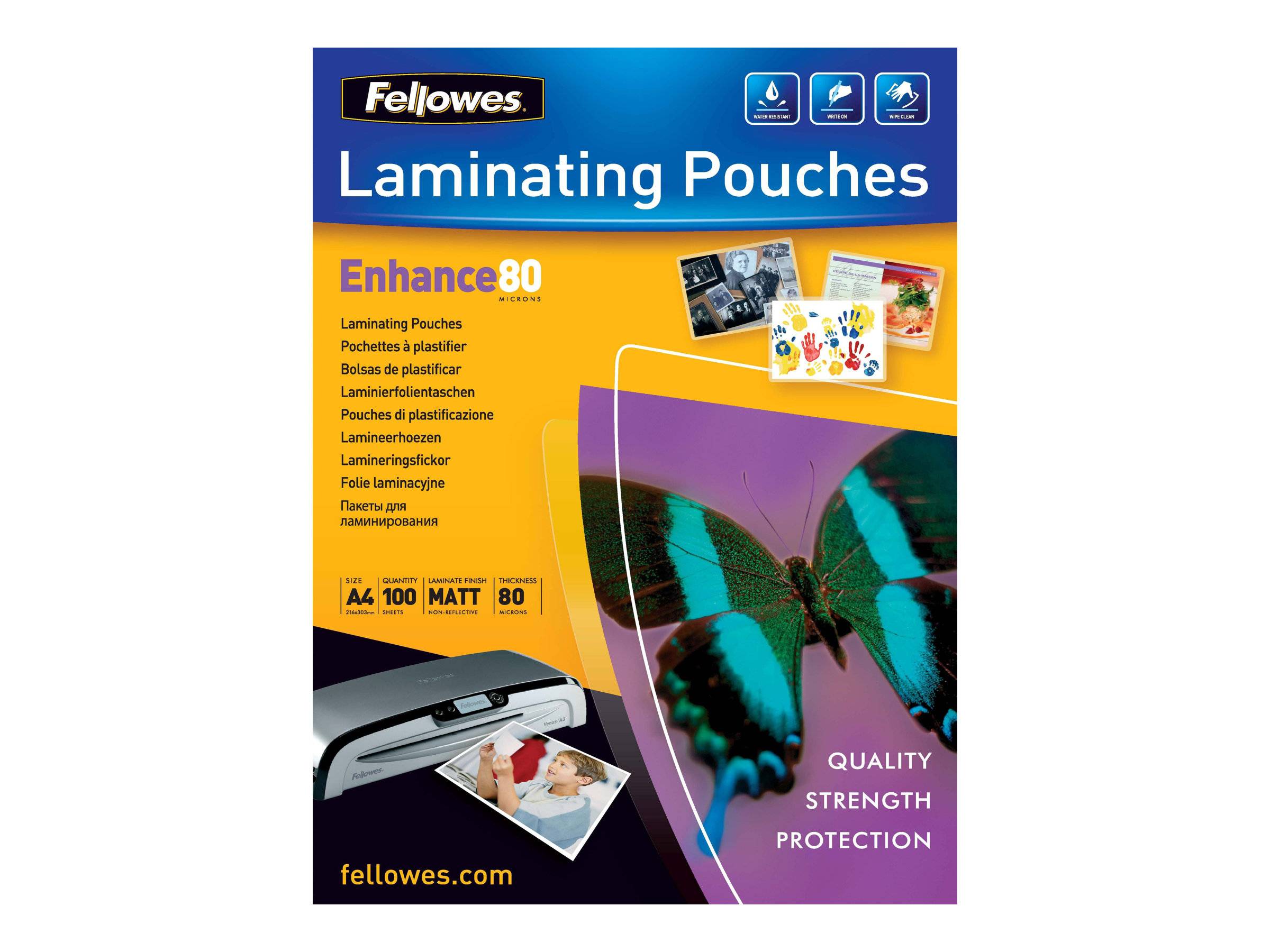 Fellowes 'Laminierfolien' Produktpaket für Enhance 80 matte Folien, mit einem Schmetterling, kleinen Fotobeispielen und Ansprüchen zu Qualität, Festigkeit und Schutz.