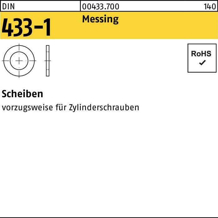SCHEIBEN 433-1 Messing' mit Zeichnung einer Unterlegscheibe und Text 'vorgewiesen für Zylinderschrauben'. RoHS-Konformitätsprüfung markiert.