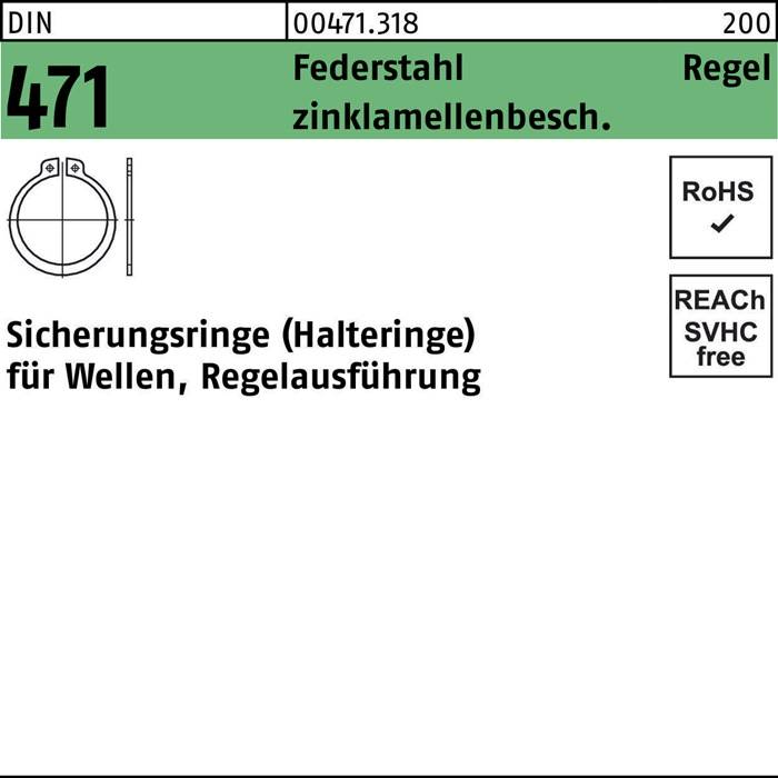 Federsicherungsringe für Wellen, Regelausführungen'. 'Sicherungsringe für Wellen' und Produktcodes sichtbar. RoHS- und REACH-konform-Symbol vorhanden.