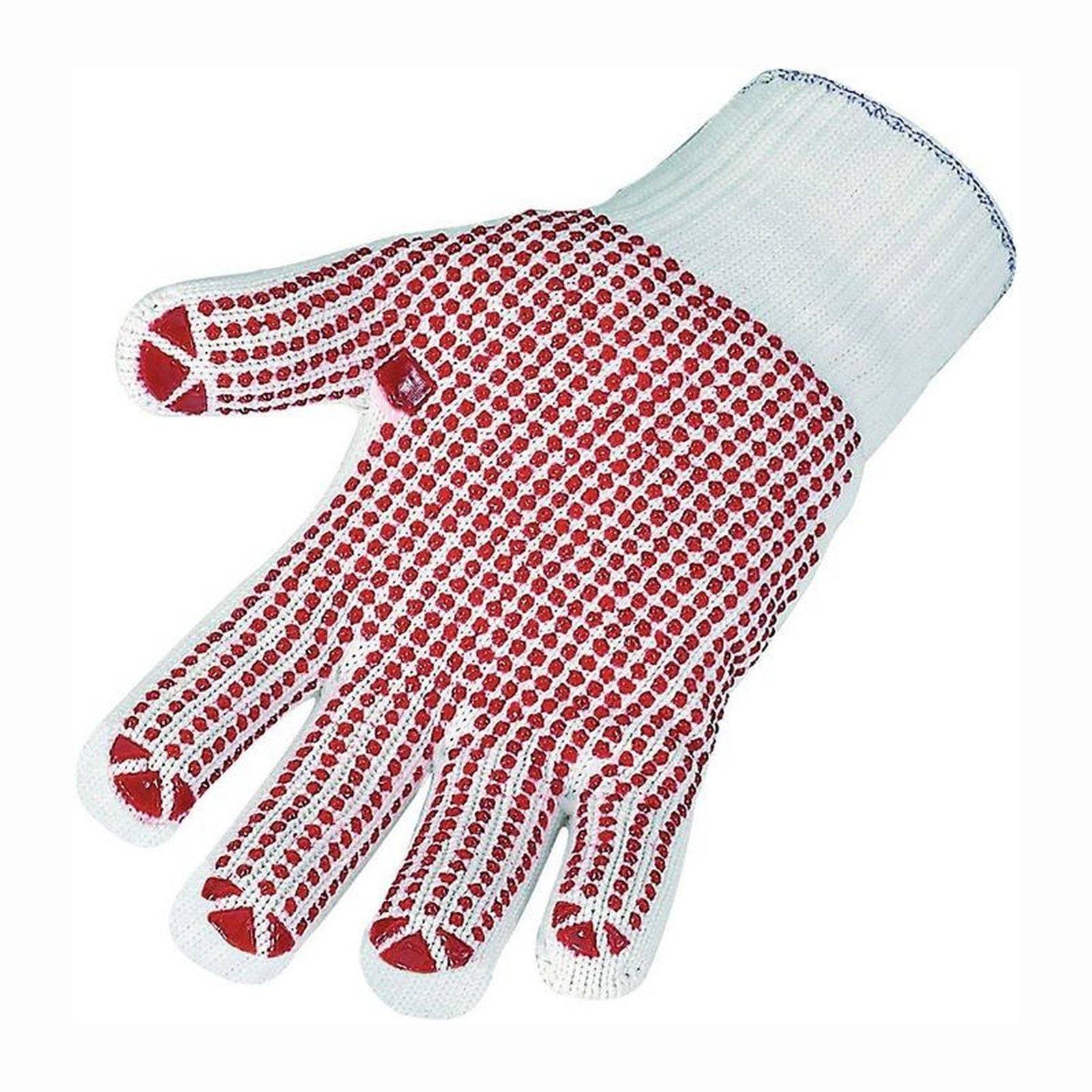 Ein rot-weiß gestrickter Handschuh mit Gummigriffen auf der Handfläche und an den Fingern, entwickelt für verbesserten Grip und Schutz beim Handling von Objekten.