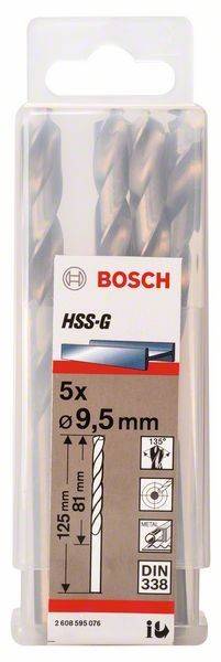 Bosch Bohrer-Verpackung mit der Aufschrift 'HSS-G', die einen 5er-Pack von 9,5 mm Bohrern zeigt.
