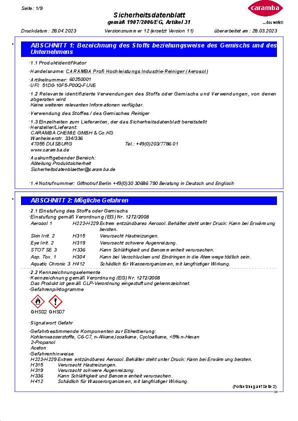 Hochleistungsindustriereiniger acetonhaltig 500 ml Spraydose CARAMBA