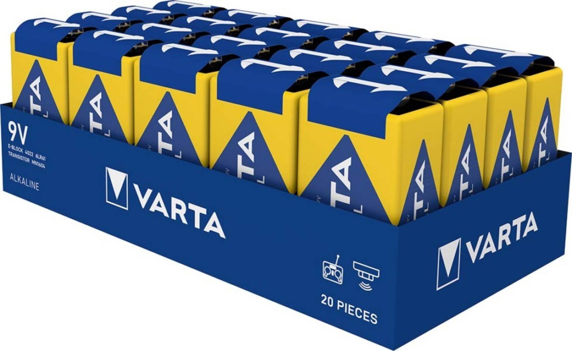 VARTA-Batterien in einer blau-gelben Ausstellungsbox, beschriftet mit 