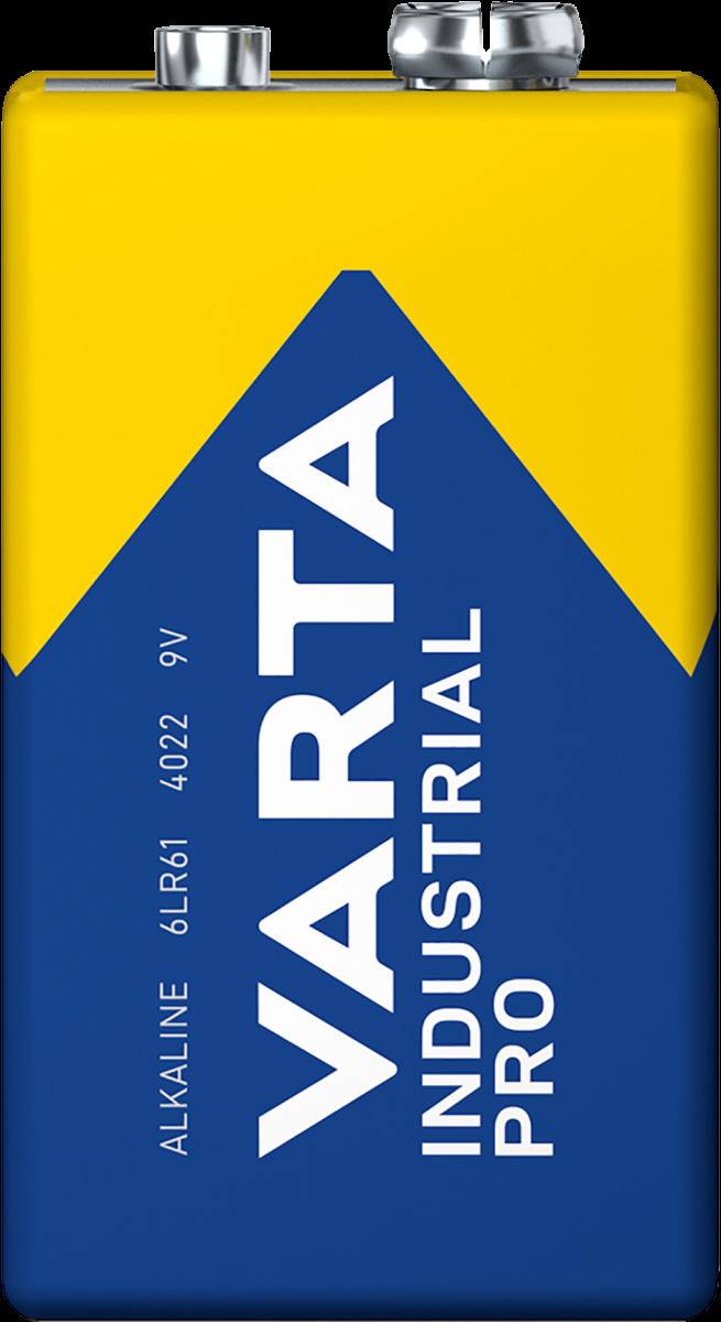 Ein gelbes und blaues VARTA Industrial 9V Batterielabel, das Batteriedaten und Markierung anzeigt.