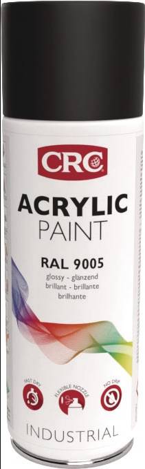 CRC Acryllack RAL 9005 auf einer glänzenden Farbdose, beschrieben als 