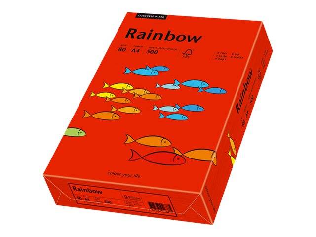 Rotes Papierpaket im A4-Format mit buntem Papier, mit der Bezeichnung ‚Rainbow', verziert mit blauen, gelben und roten Fischillustrationen.