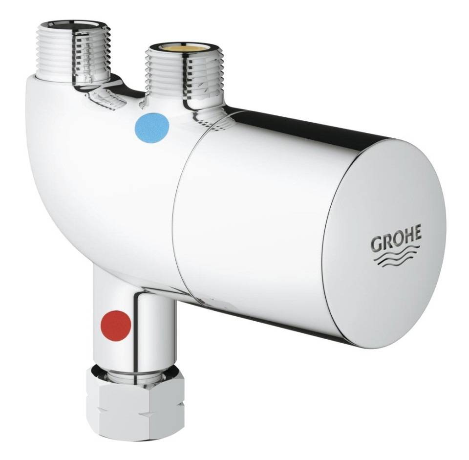 Chromegliederung-Armatur mit zwei Gewinde-Anschlussöffnungen, einem Auslass und roten/blauen Temperaturmarkierungen, Marke GROHE.