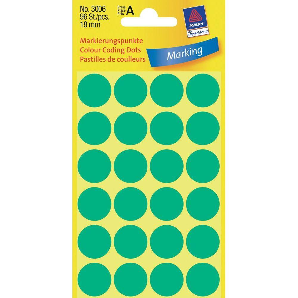 Packung mit Avery grünen runden Markierungspunkten, 96 selbstklebende 18 mm Etiketten auf einer gelben Rückseite.
