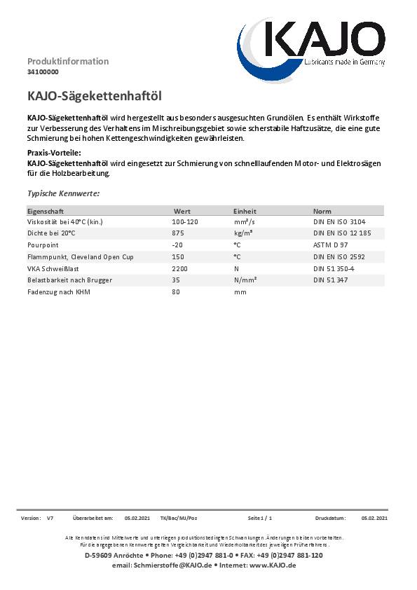 Sägekettenhaftöl 100-120 mm²/s (bei 40GradC) 1l Flasche KAJO