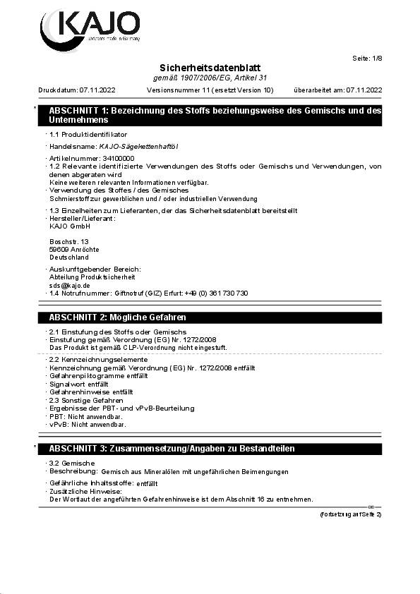 Sägekettenhaftöl 100-120 mm²/s (bei 40GradC) 1l Flasche KAJO