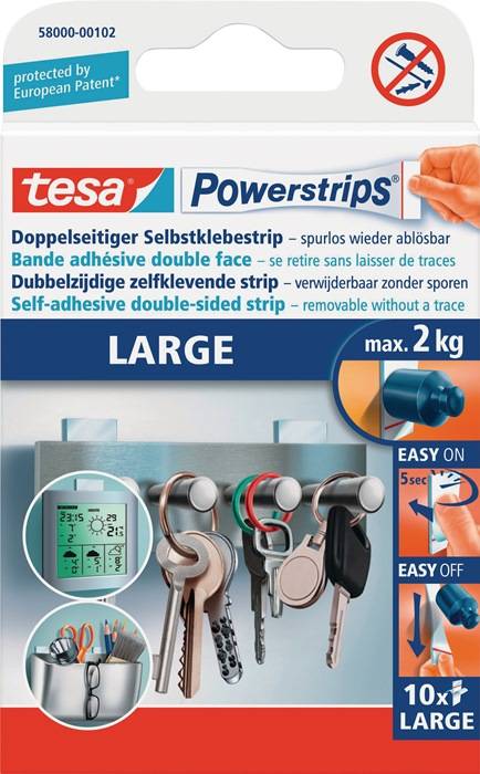 Das Bild zeigt Verpackung für Tesa Powerstrips, die die Größe 