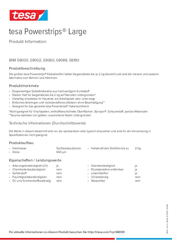 Selbstklebestrip Powerstrips® 58000 SB-Pack á 10 Strips L (20x50 mm) TESA