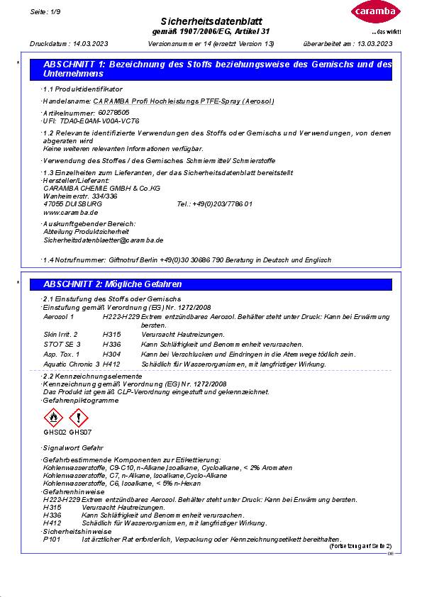 Hochl.PTFE Spray farblos 500ml Spraydose CARAMBA