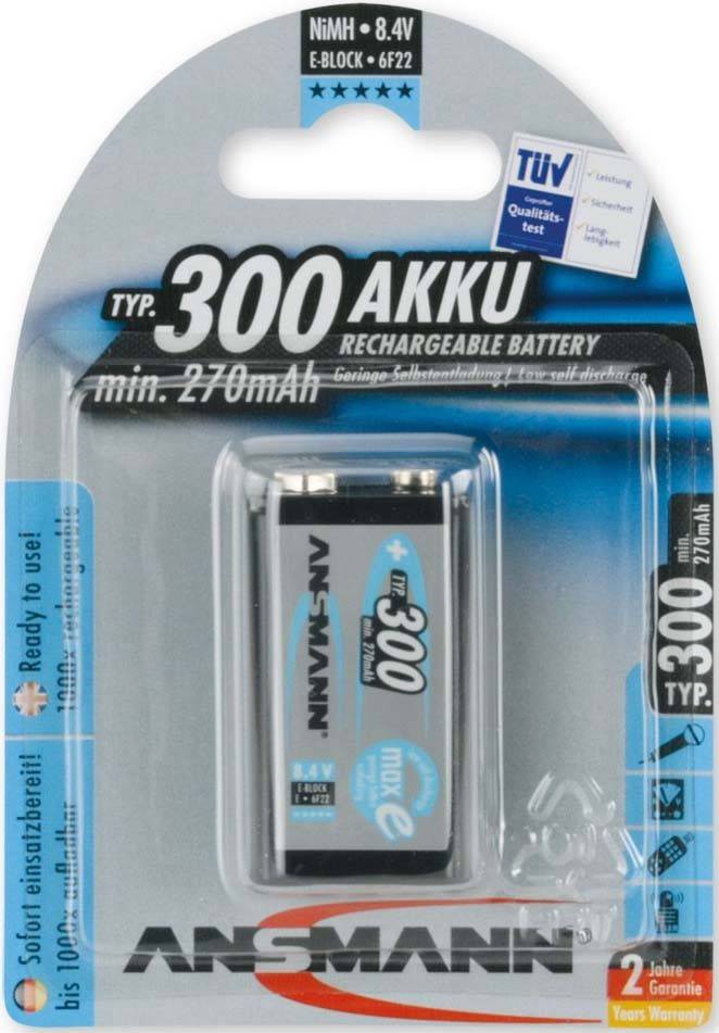 Aufladbares Akkupack mit Bezeichnung 'Typ 300 AKKU' mit mindestens 270mAh Kapazität. TÜV-zertifiziert. Hauptfarben: Blau und Silber.