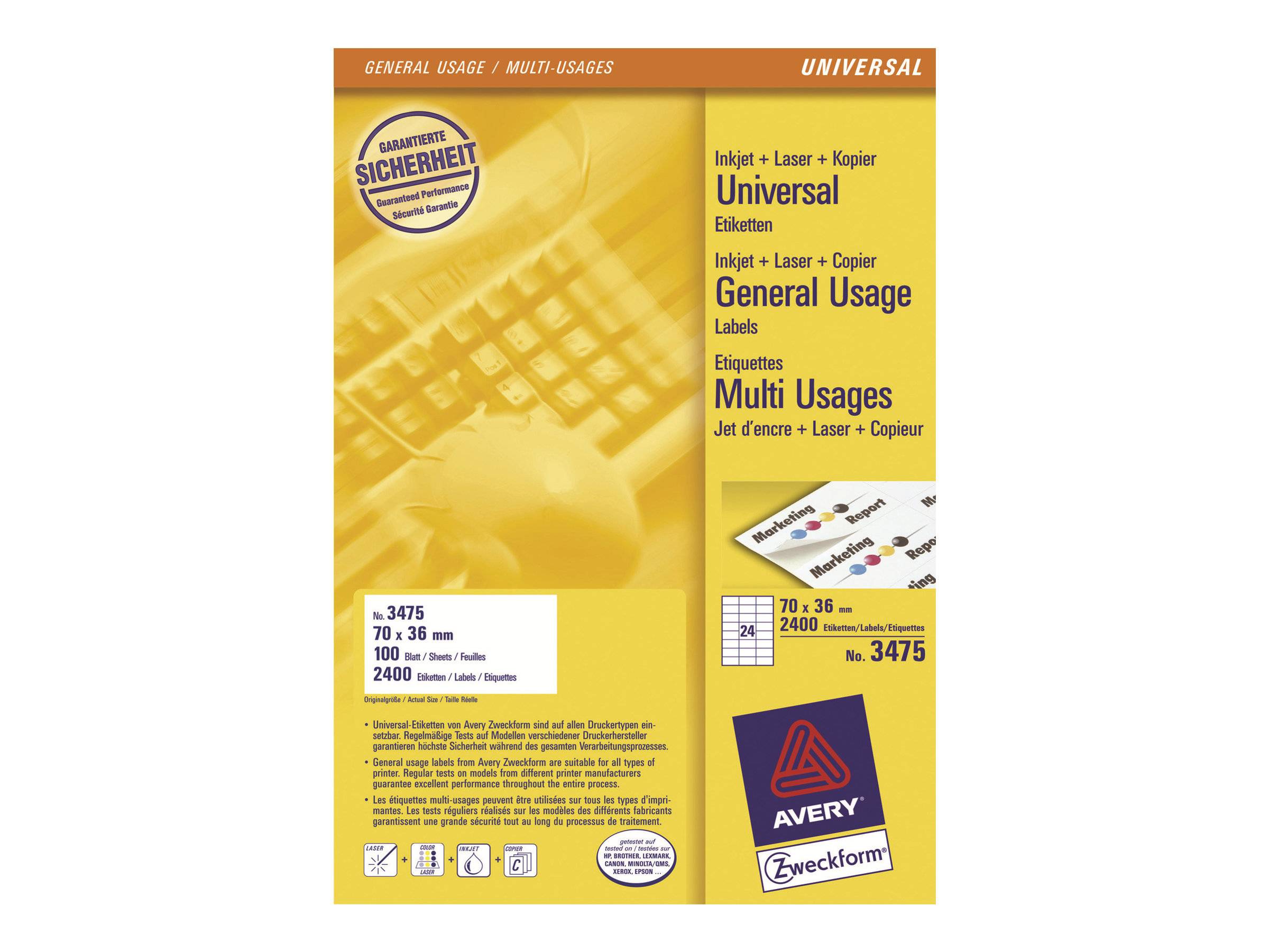 AVERY ZWECKFORM - Avery - Weiß - 70 x 36 mm 2400 Etikett(en) (100 Bogen x 24)