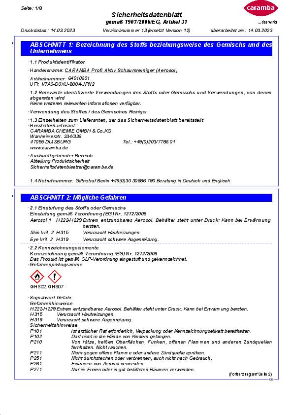 Aktiv Schaumreiniger 500 ml Spraydose CARAMBA