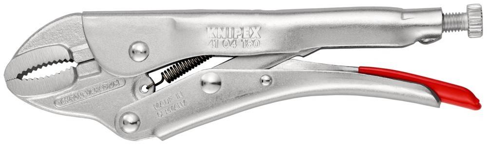 Eine Nahaufnahme eines metallischen Werkzeugs mit der Bezeichnung 'Knipex 41 04 180'. Das Werkzeug verfügt über einen Federmechanismus und ist höchstwahrscheinlich eine Art Zange.