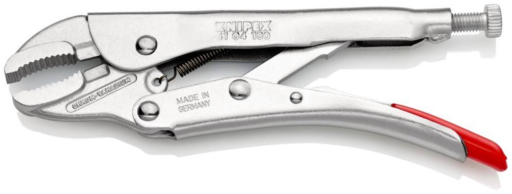 Eine verchromte Gripzange der Marke 'Knipex' mit der Modellnummer '41 04 180', die am Griff eingraviert ist, und dem seitlichen Stempel 'Made in Germany'.