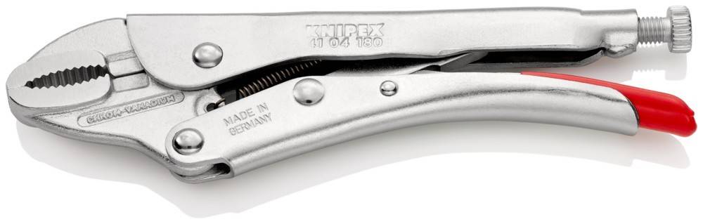 Nahaufnahme eines metallischen Werkzeugs mit dem Markennamen 'Knipex' und der Modellnummer '11 04 180', teilweise sichtbar eingraviert.