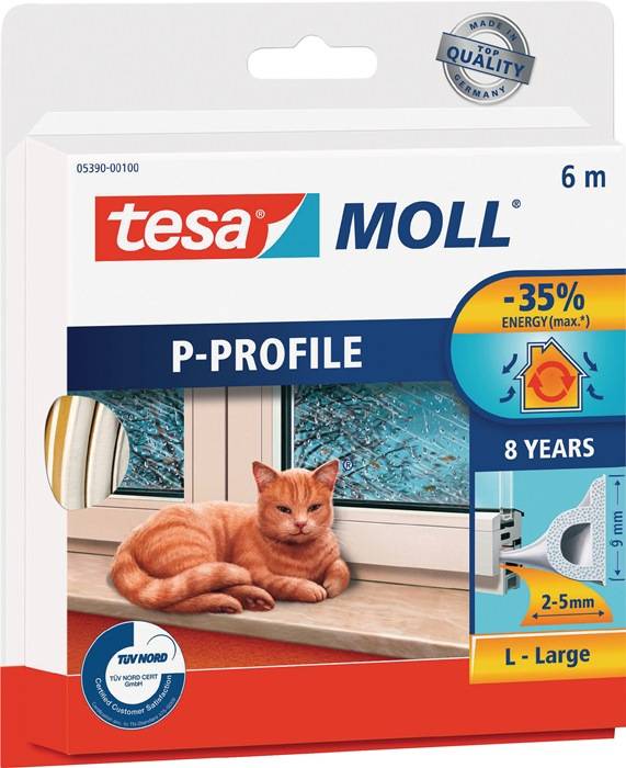 Verpackung für tesa Moll P-Profil Dichtungsband. Eigenschaften umfassen Energieeinsparungen bis zu 35%, Geräuschdämmung und hält 8 Jahre.