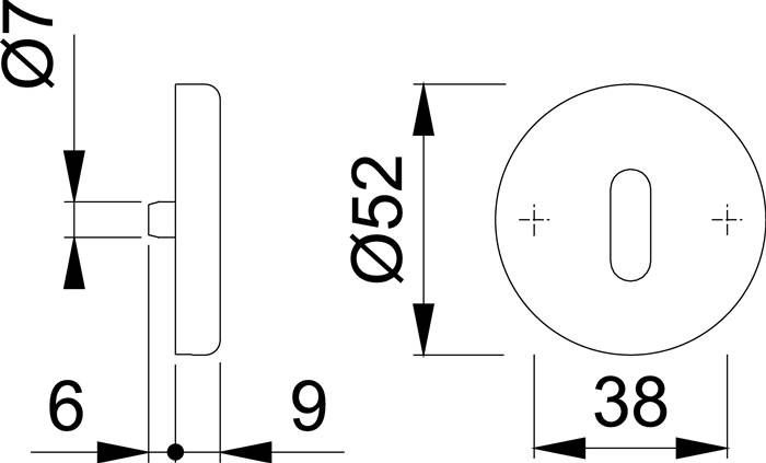 Technische Zeichnung eines kreisförmigen Bauteils: 52 mm Durchmesser und 38 mm breit, mit einem zentralen Schlitz und einer 7 mm Vorsprung; Seitenansicht zeigt 6 mm und 9 mm Abmessungen.